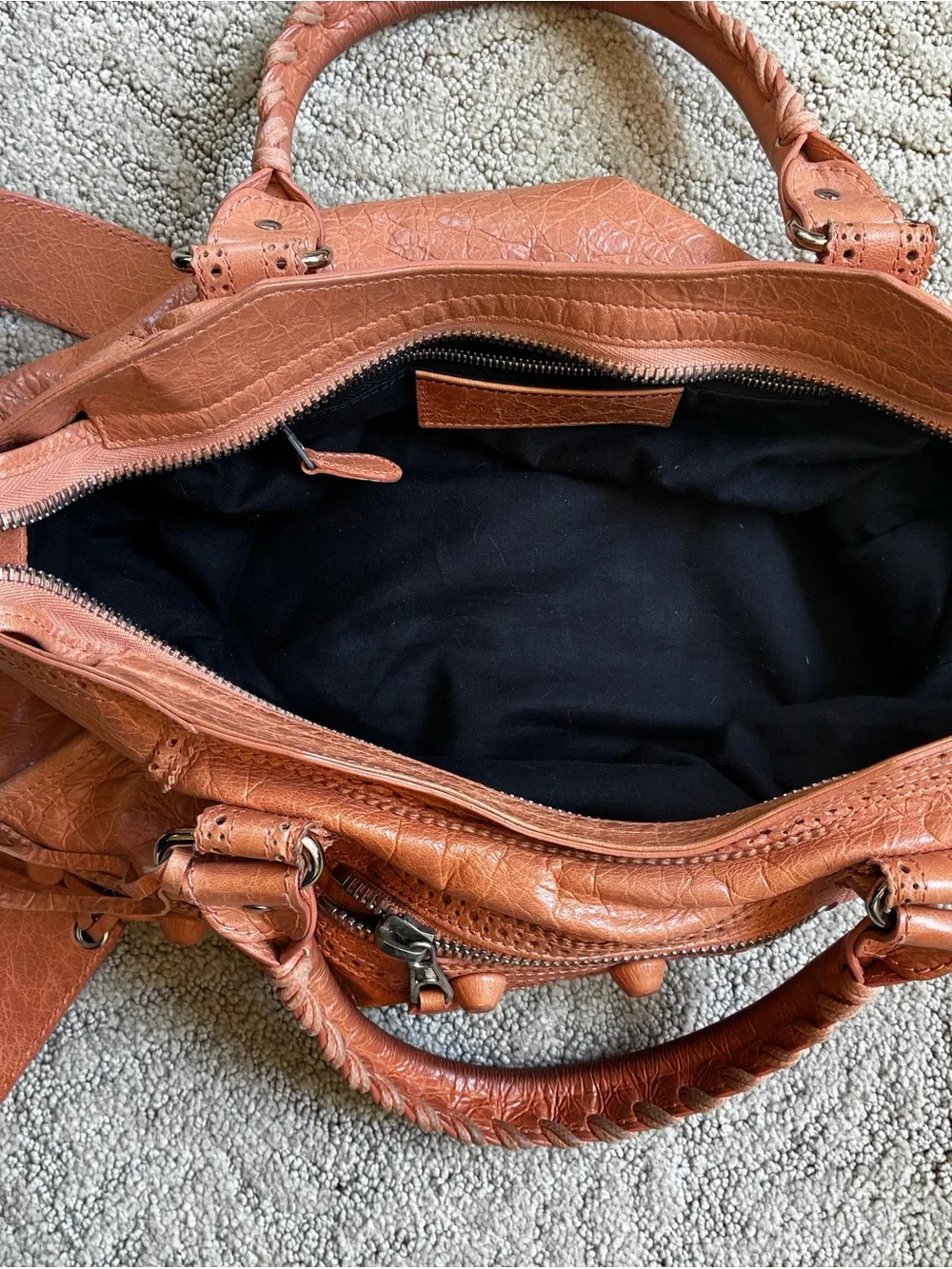 Authentic Balenciaga  City Lace-trimmed Motorcycle Bag– Orange Distressed Leat